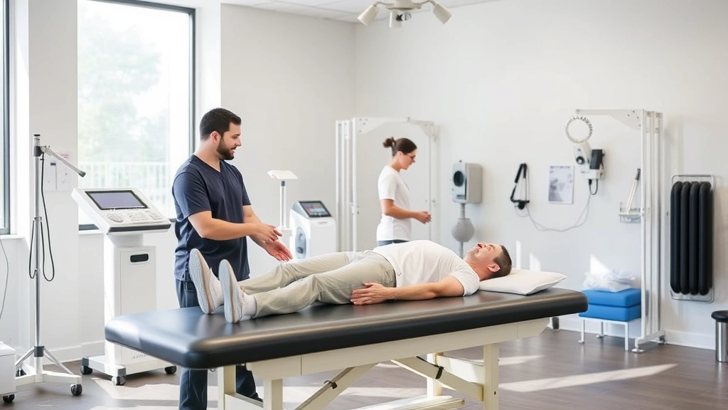 Modern physical therapy clinic with therapist treating patient on treatment table, bright natural lighting, contemporary equipment visible, diverse patient and therapist, clinical professional setting