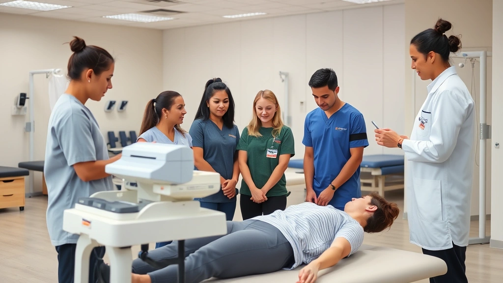 Diverse physical therapy students in clinical setting examining patient using specialized equipment, modern rehabilitation clinic interior, therapists demonstrating assessment techniques, professional healthcare environment with treatment tables and exercise equipment visible