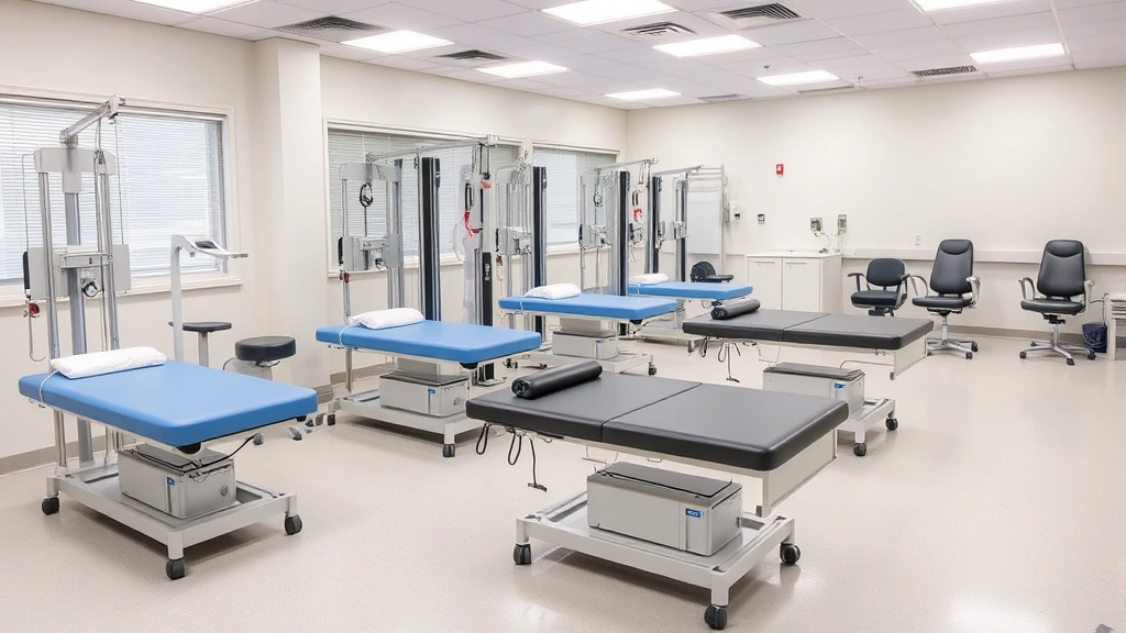Physical therapy laboratory with simulation equipment, treatment tables, resistance machines, and exercise equipment, clean modern facility, no people, professional healthcare setting