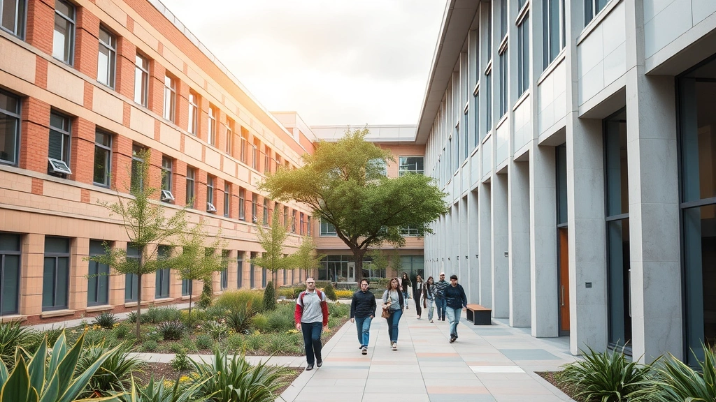 University campus outdoor courtyard with students walking between modern buildings, Texas landscape, professional healthcare education environment with natural lighting