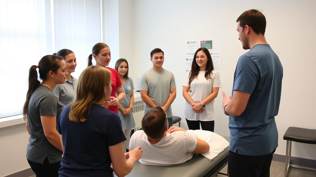 Clinical education setting with multiple students observing experienced physical therapist conducting patient assessment using evidence-based examination techniques