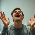 A person in a peaceful therapy room with soft lighting, mouth open in controlled vocalization, hands relaxed, displaying emotional release without aggression, professional therapeutic environment