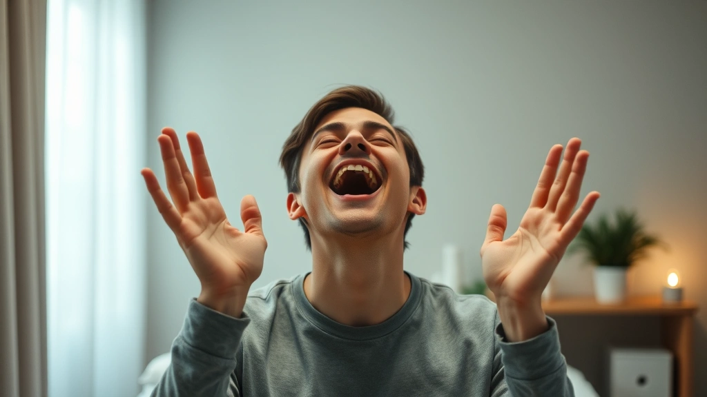 A person in a peaceful therapy room with soft lighting, mouth open in controlled vocalization, hands relaxed, displaying emotional release without aggression, professional therapeutic environment