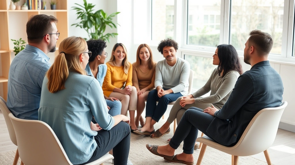 A diverse group of people engaged in structured group therapy or counseling session sitting in a circle, professional therapeutic environment, genuine supportive interaction and connection, natural daylight