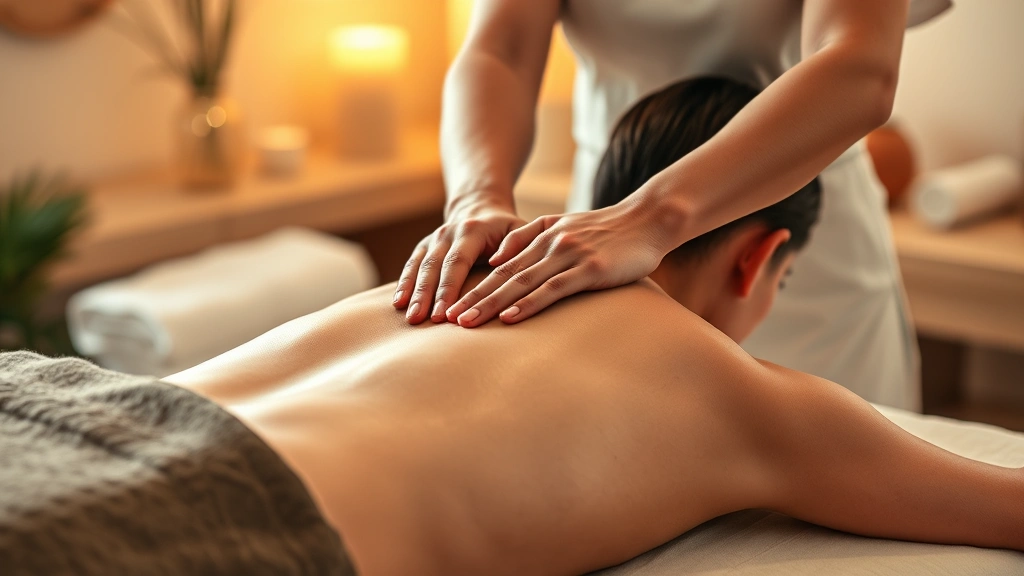 Serene massage therapy session with therapist's hands applying gentle pressure to client's back, warm lighting, peaceful spa environment, client in relaxed state, professional therapeutic setting, photorealistic