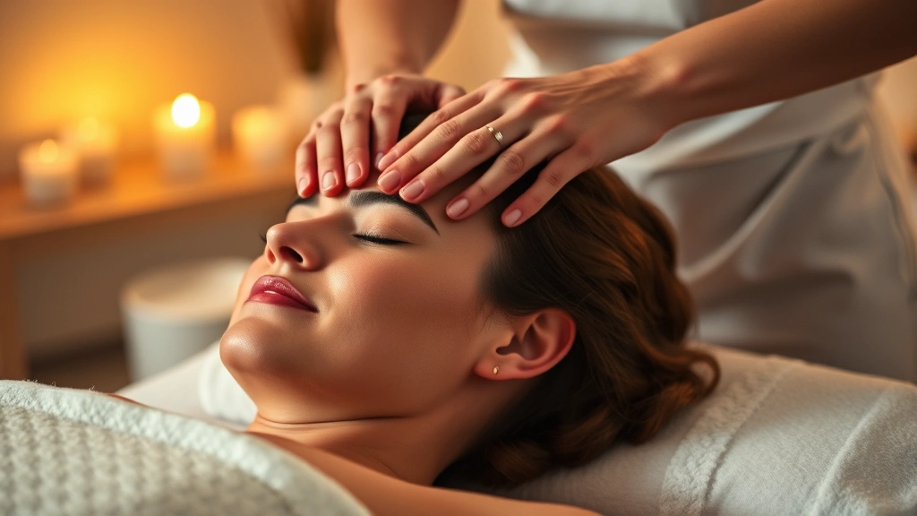 Close-up of therapist's hands performing Swedish massage on client's back, warm lighting, peaceful expression on client's face, spa setting with soft colors