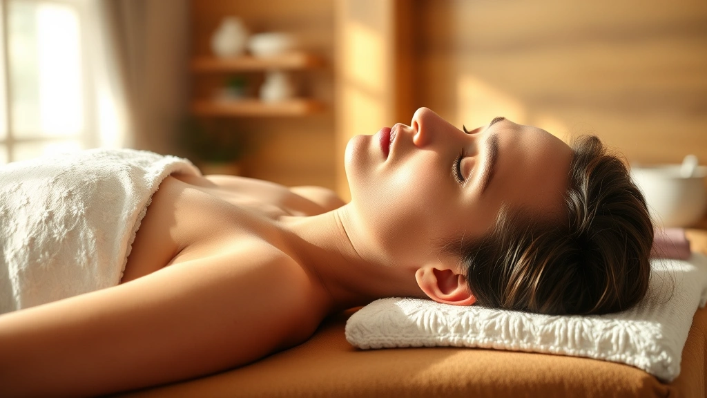 Person in deep relaxation lying face-down on massage table, shoulders completely relaxed, peaceful expression, soft natural light coming through window, therapeutic environment, photorealistic wellness imagery