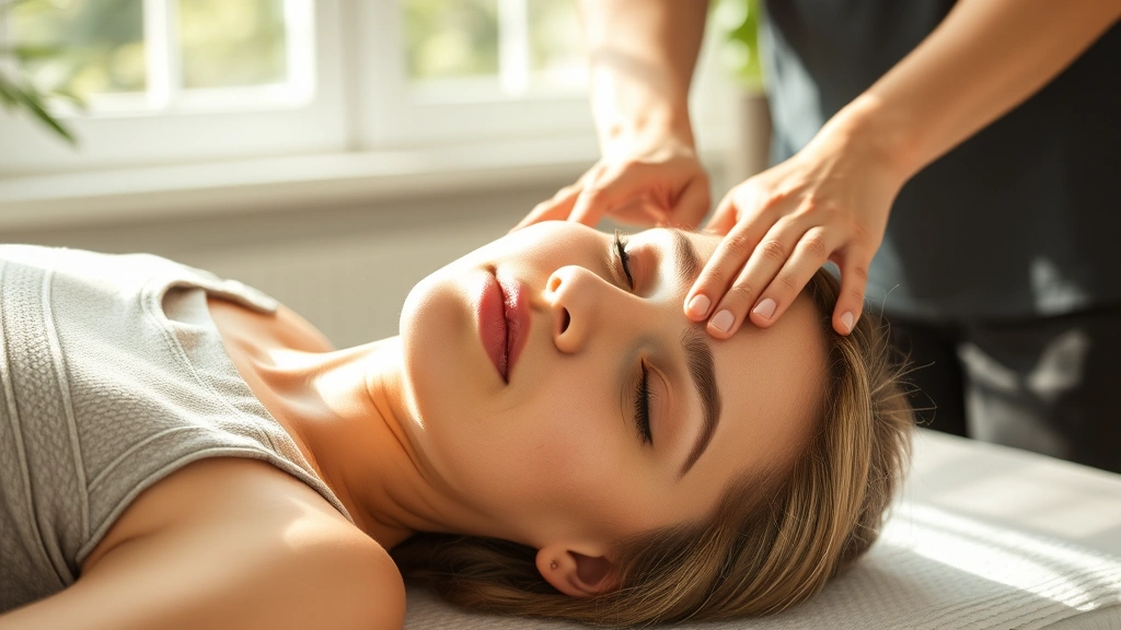 Person lying face-down receiving therapeutic massage, calm expression, natural light streaming through windows, hands applying pressure to shoulder muscles, serene wellness environment