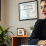 Close-up of licensed therapist in professional office setting with diploma and credentials visible on wall, warm lighting, notebook on desk, professional environment