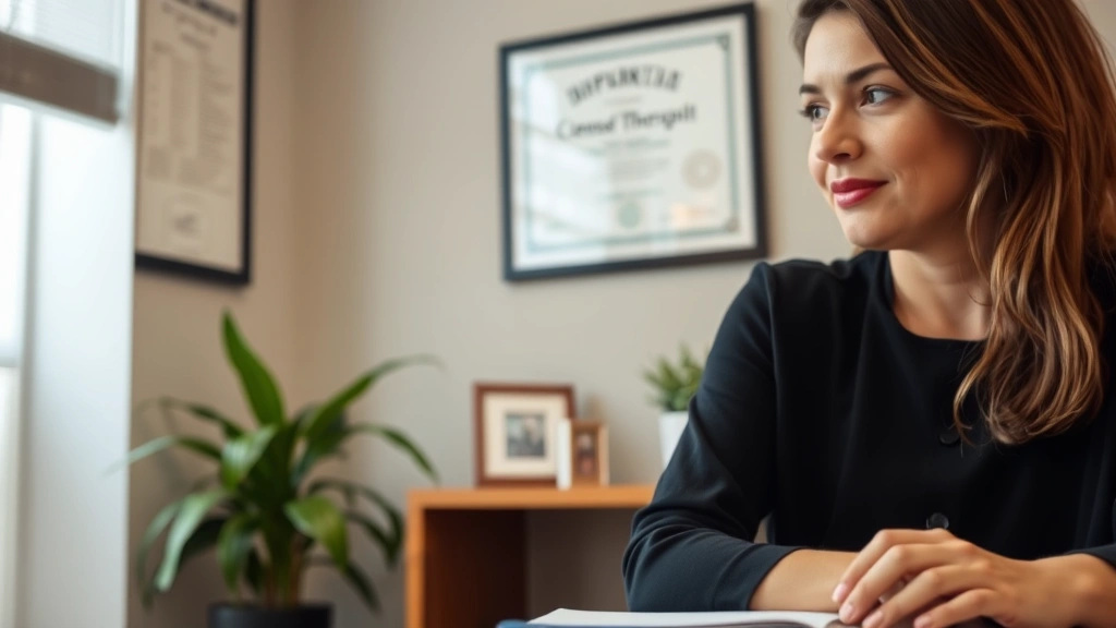 Close-up of licensed therapist in professional office setting with diploma and credentials visible on wall, warm lighting, notebook on desk, professional environment