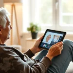 Person sitting peacefully at home watching educational mental health video on tablet, natural daylight from window, warm comfortable setting, focused expression, wellness environment