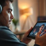 Close-up of person wearing headphones watching therapeutic video on tablet screen, peaceful expression, warm lighting, modern living room setting, photorealistic
