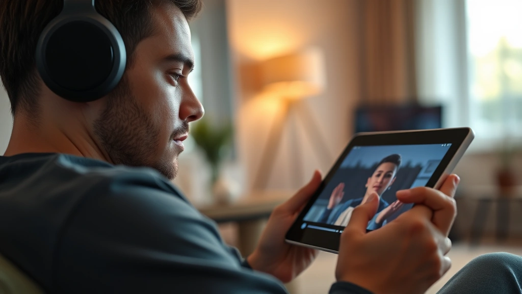 Close-up of person wearing headphones watching therapeutic video on tablet screen, peaceful expression, warm lighting, modern living room setting, photorealistic