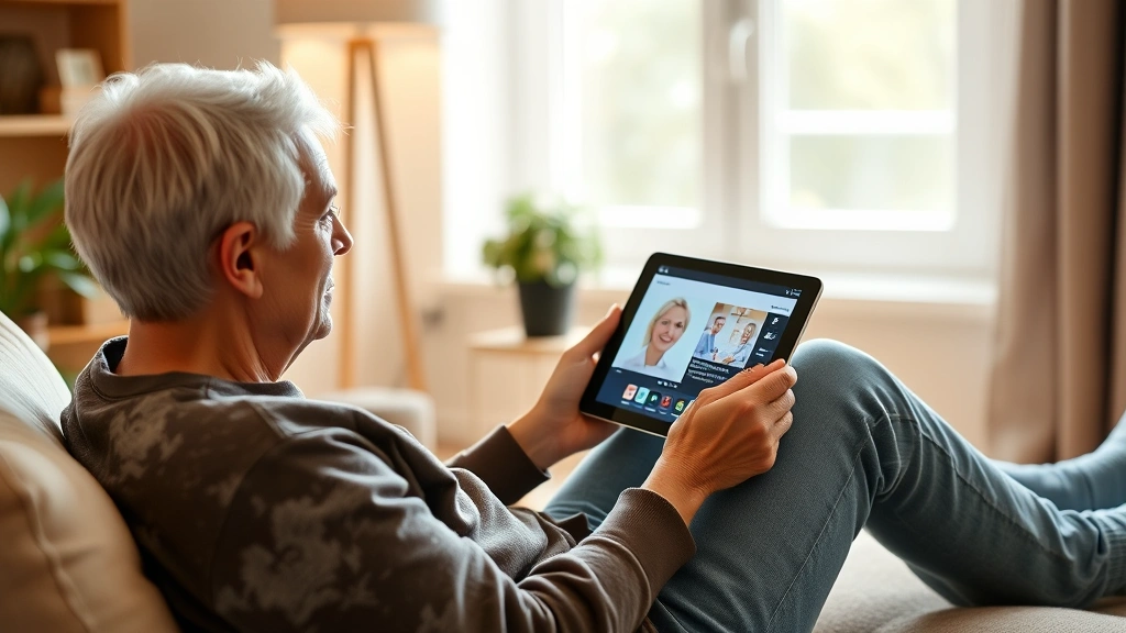 Person sitting peacefully at home watching educational mental health video on tablet, natural daylight from window, warm comfortable setting, focused expression, wellness environment