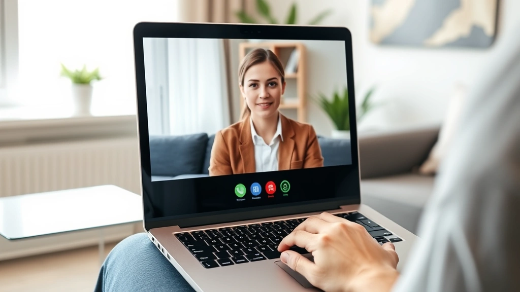 Person using laptop for video therapy session with therapist visible on screen, modern home office setup, professional telehealth interface visible, natural lighting