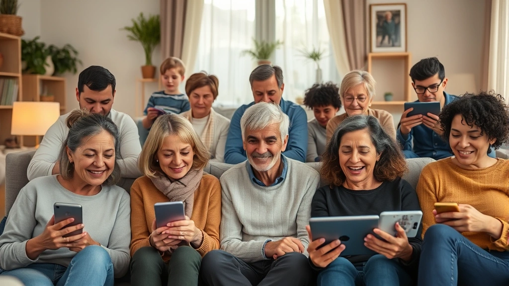 Diverse group of people in home settings each engaging with mental health video content on different devices, warm natural lighting, genuine peaceful expressions, cozy environments showing accessibility