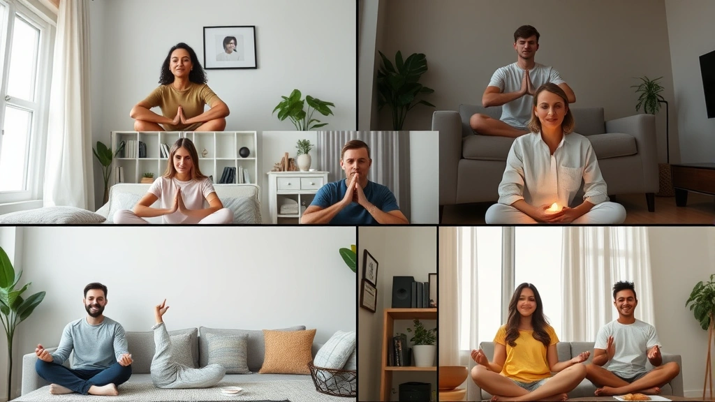 Diverse group of people in separate locations engaging with therapy content, split-screen showing different individuals practicing mindfulness and wellness techniques at home, supportive community feeling