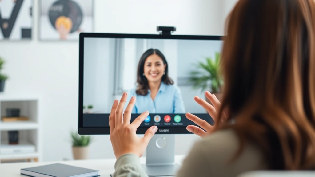 Therapist's hands gesturing during video session on computer monitor, professional office background slightly blurred, demonstrating personalized digital mental health interaction