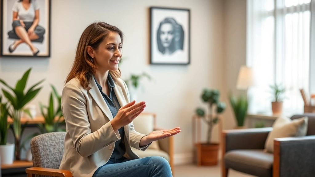Licensed therapist or counselor in professional setting demonstrating therapeutic technique, warm clinical environment with plants and comfortable seating, professional but approachable demeanor