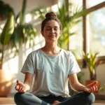 Person sitting in peaceful meditation posture in natural sunlight, serene facial expression, calm indoor botanical environment with plants, soft warm lighting, photorealistic