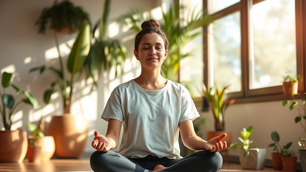Person sitting in peaceful meditation posture in natural sunlight, serene facial expression, calm indoor botanical environment with plants, soft warm lighting, photorealistic