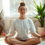 Person meditating peacefully in soft natural light, serene expression, mindfulness practice in therapeutic setting, calm environment with plants
