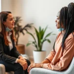 Professional therapist and client in modern counseling office, warm lighting, comfortable seating, diverse individuals engaged in meaningful conversation, peaceful atmosphere with plants and natural elements