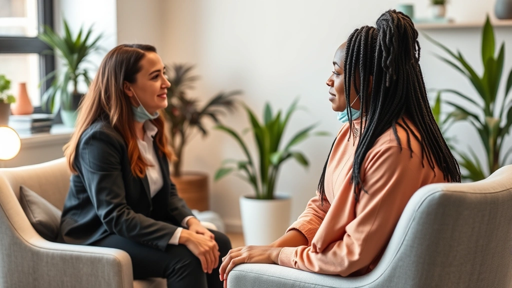 Professional therapist and client in modern counseling office, warm lighting, comfortable seating, diverse individuals engaged in meaningful conversation, peaceful atmosphere with plants and natural elements