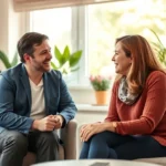 Professional therapist and client in a warm, safe clinical office environment showing genuine connection and trust, natural lighting from windows, comfortable seating arrangement, conveying emotional safety and professional care