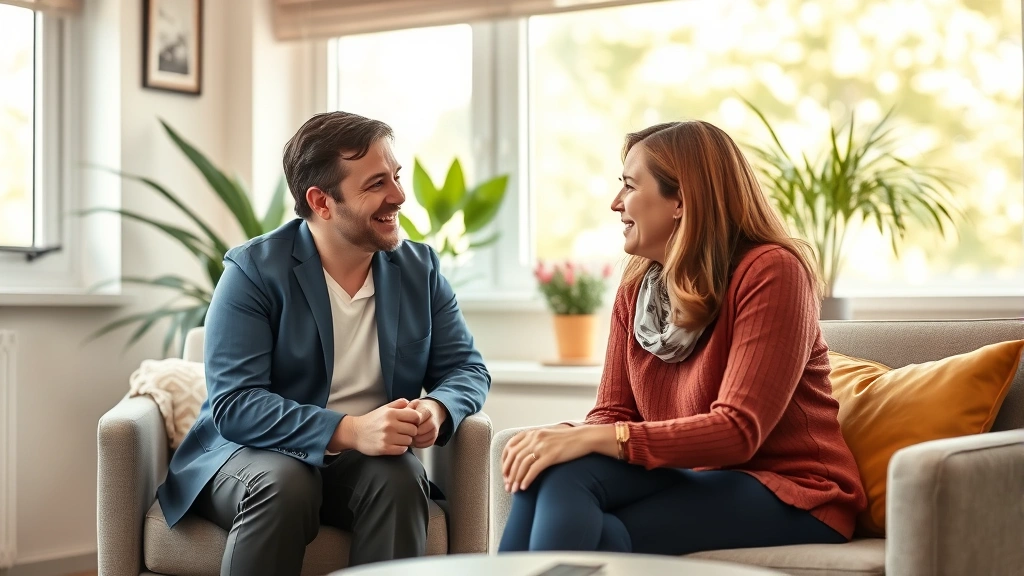 Professional therapist and client in a warm, safe clinical office environment showing genuine connection and trust, natural lighting from windows, comfortable seating arrangement, conveying emotional safety and professional care