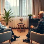A serene therapist's office with warm lighting, comfortable seating, and a calm client sitting across from a professional therapist during a counseling session, photorealistic, professional setting