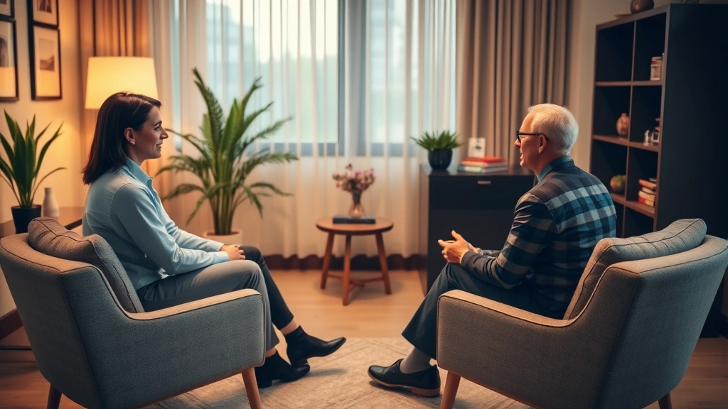 A serene therapist's office with warm lighting, comfortable seating, and a calm client sitting across from a professional therapist during a counseling session, photorealistic, professional setting