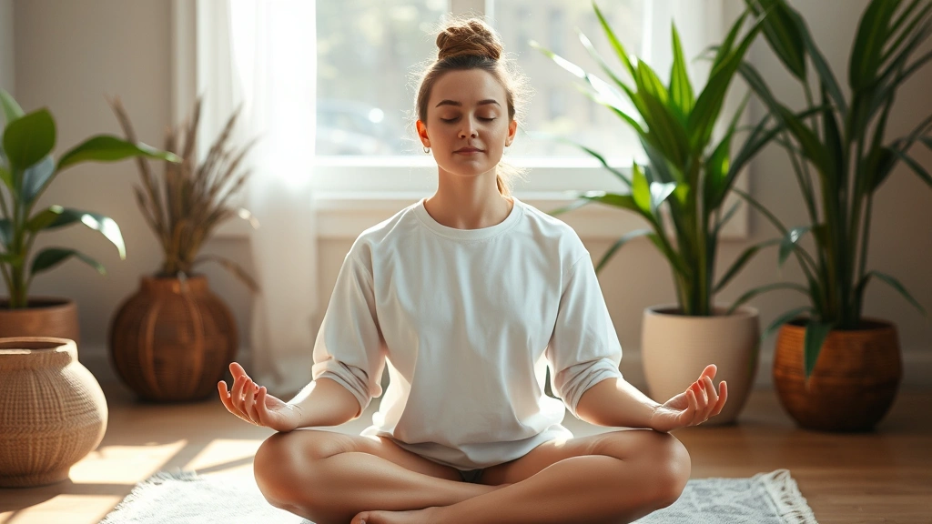 Person meditating peacefully in soft natural light, serene expression, mindfulness practice in therapeutic setting, calm environment with plants