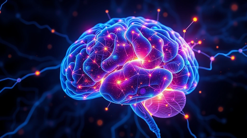 Brain neural connections lighting up in vibrant colors, neuroplasticity visualization, synapses firing with glowing pathways, scientific illustration style, deep blues and purples with golden highlights