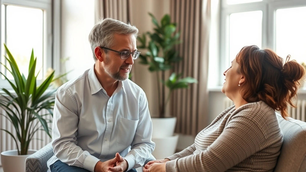Therapist and client in compassionate conversation, warm professional office setting, natural light through windows, peaceful atmosphere, both appearing calm and engaged, photorealistic