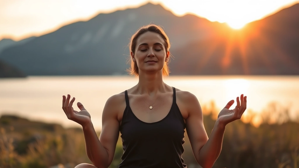 Person meditating peacefully in natural setting with mountains and water, serene expression, body-mind integration, warm sunset lighting, hands in mindful gesture, embodied wellness representation