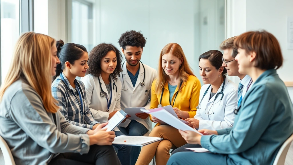 Diverse group of mental health professionals in a collaborative meeting or consultation, reviewing notes and discussing treatment approaches, modern healthcare setting with evidence-based materials visible, representing integrated therapeutic care