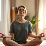 A person sitting cross-legged in a sunlit room, eyes closed in meditation, with soft morning light streaming through large windows, serene facial expression, peaceful home environment