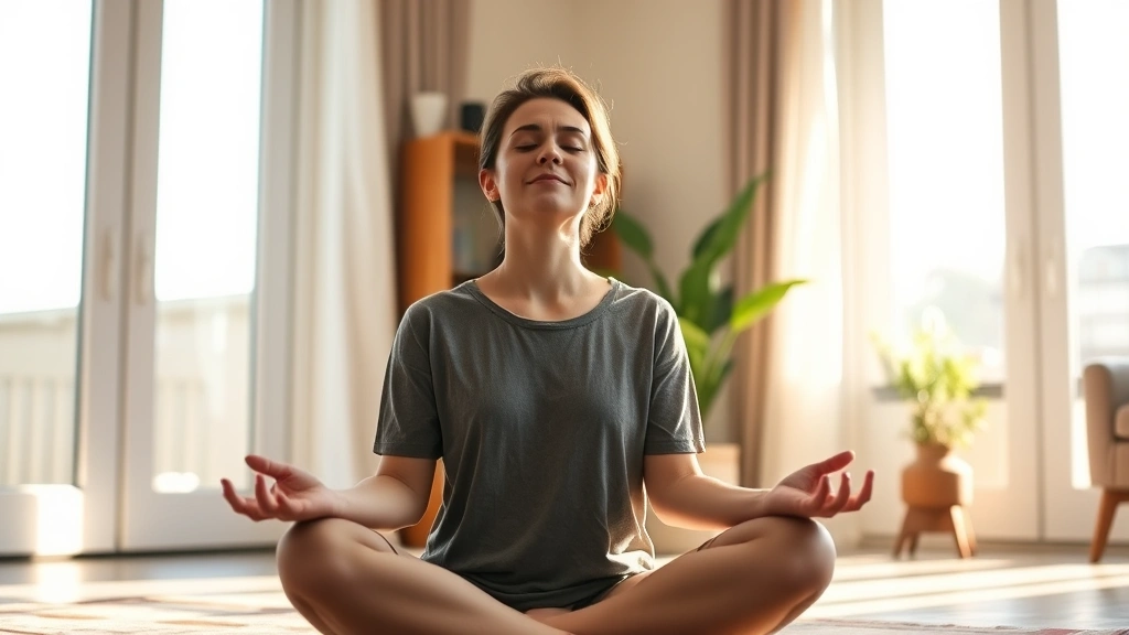 A person sitting cross-legged in a sunlit room, eyes closed in meditation, with soft morning light streaming through large windows, serene facial expression, peaceful home environment