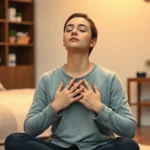 A person sitting peacefully with hands on their chest, eyes closed, in a calm meditative state during a therapy session, warm lighting in a serene clinical setting, photorealistic professional atmosphere