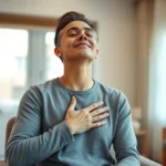 A person in a therapist's office sitting upright with good posture, eyes closed, hand on chest feeling their heartbeat, warm natural lighting, peaceful expression, demonstrating somatic awareness and body connection during therapy session