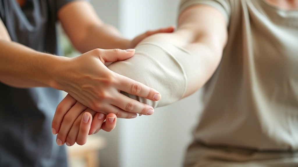 Close-up of a therapist's hands guiding a client's arm in a gentle movement, showing collaborative healing work, soft natural lighting, professional therapeutic environment, focus on supportive gesture