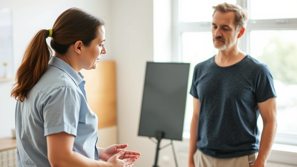 A therapist and client in a therapy session, client standing with relaxed shoulders and open posture, therapist observing attentively, bright natural window light, demonstrating safe therapeutic relationship and nervous system regulation