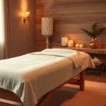 serene massage therapy room with soft warm lighting, heated massage table with plush linens, aromatherapy diffuser releasing gentle mist, candles creating ambient glow, peaceful spa environment, photorealistic, no text
