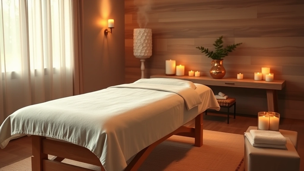 serene massage therapy room with soft warm lighting, heated massage table with plush linens, aromatherapy diffuser releasing gentle mist, candles creating ambient glow, peaceful spa environment, photorealistic, no text