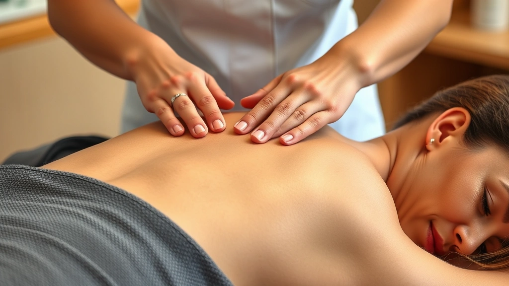 professional massage therapist performing Swedish massage on relaxed client, hands applying therapeutic pressure to back muscles, warm massage oil, calm peaceful expression on client's face, clinical professional setting, photorealistic