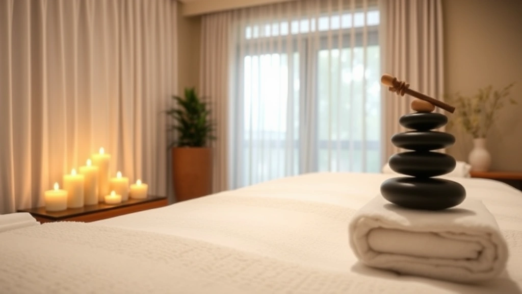 Peaceful massage therapy room with heated stones, soft towels, aromatherapy candles, natural light filtering through sheer curtains, tranquil environment