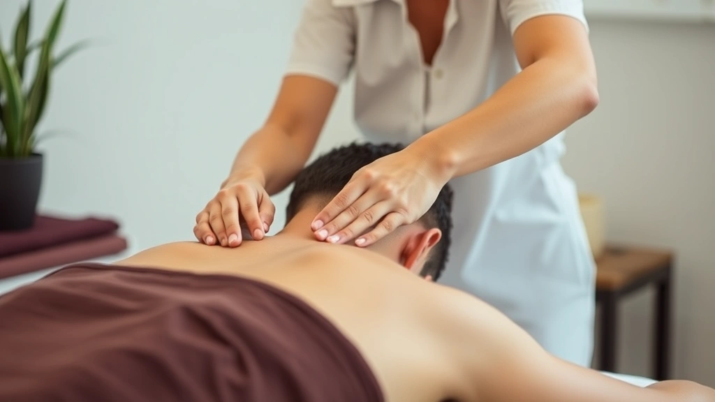 Professional massage therapist working on client's neck and shoulders, demonstrating deep tissue technique, focused healing energy, calm professional setting