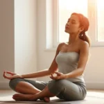 A person sitting in peaceful meditation pose with shoulders relaxed, soft natural lighting from window, serene expression, hands resting on knees, calm minimalist background, photorealistic wellness imagery