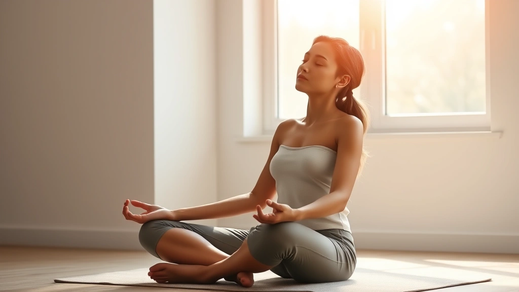 A person sitting in peaceful meditation pose with shoulders relaxed, soft natural lighting from window, serene expression, hands resting on knees, calm minimalist background, photorealistic wellness imagery